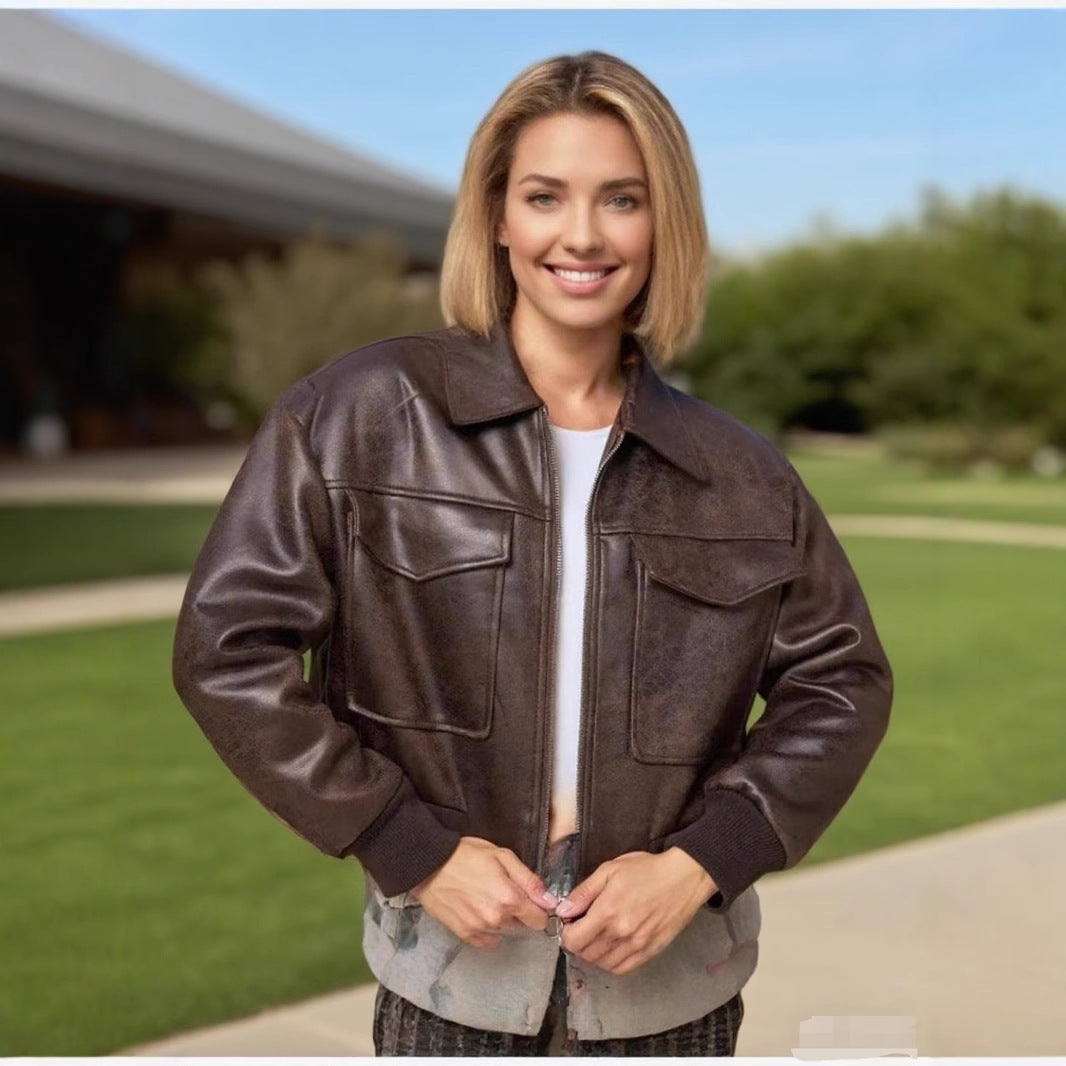American Retro Faux Leather Pilot Lapel Pocket